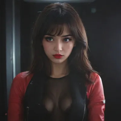 A beautiful Asian brunette woman, with black eye liner, bright red lipstick, wearing a futuristicspace jacket with a black logo and ripped skinny jeans, sitting in the dimly lit cockpit of a futuristic space freighter interior, hundreds of glowing buttons and hologram displays dimly light the interior, she gives a seductive look towards the camera, Large Perky breasts, ample cleavage, theme, dark, chiaroscuro, low-key, alt, fashion, <lora:zavy-cntrst-sdxl:1>, <lora:alt_fashion_v2:.8>, <lora:256210_training_data:1.8>, incase, style, <lora:287175_training_data:.8>, HRGM, hair, ring, in, mouth, tie, tying, adjusting, hold, a, black, on, her, <lora:hair_ring_SDXL_v1:.8>