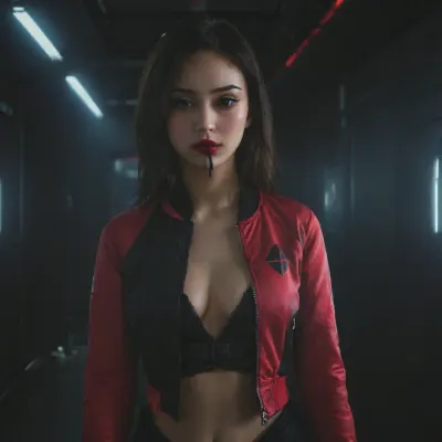 A beautiful Asian brunette woman, with black eye liner, bright red lipstick, wearing a futuristicspace jacket with a black logo and ripped skinny jeans, sitting in the dimly lit cockpit of a futuristic space freighter interior, hundreds of glowing buttons and hologram displays dimly light the interior, she gives a seductive look towards the camera, Large Perky breasts, ample cleavage, theme, dark, chiaroscuro, low-key, alt, fashion, <lora:zavy-cntrst-sdxl:1>, <lora:alt_fashion_v2:.8>, <lora:256210_training_data:1.8>, incase, style, <lora:287175_training_data:.8>, HRGM, hair, ring, in, mouth, tie, tying, adjusting, hold, a, black, on, her, <lora:hair_ring_SDXL_v1:.8>