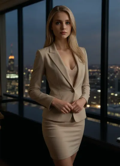 (masterpiece, best quality, photorealistic, ultra-detailed), 1girl, Natalia Kowalska, 20 y.o., Polish, fair skin with light tan, silver-gray eyes, long sleek platinum blonde hair, tall and slender body, luxury business outfit, fitted beige blazer, high-waisted pencil skirt, silk blouse with closed collar, nude pantyhose, nude pumps, standing with arms crossed in high-rise penthouse office with glass walls, city lights behind her, soft neutral expression, posture straight and poised, minimalist decor, diffused interior lighting, cinematic realism, subtle shine on silk, 8K sharp detail, <lora:add-detail-xl:1.2>