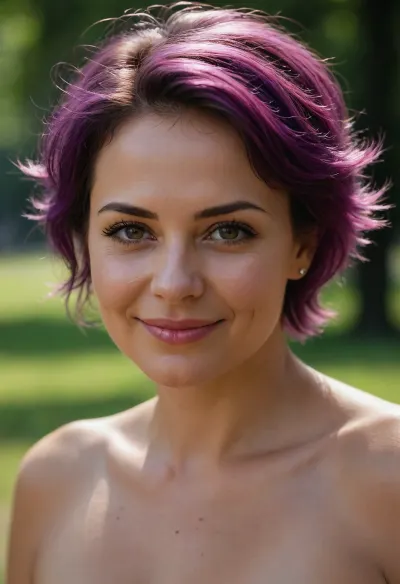 A professional nude photo portrait of a 39yo Russian woman, in a summer park. The woman is beautiful, graceful, short, chubby, with charming brown eyes, long eyelashes, puffy cheeks and sexy pink lips. She is romantic and obviously in love with the photographer, so she smiles subtly, and her eyes glow with happiness. Her skin is tanned and very oiled, also she has wrinkles. Her hairstyle is short and messy purple hair.
BREAK
Helios lens, realistic, masterpiece, sharp details.