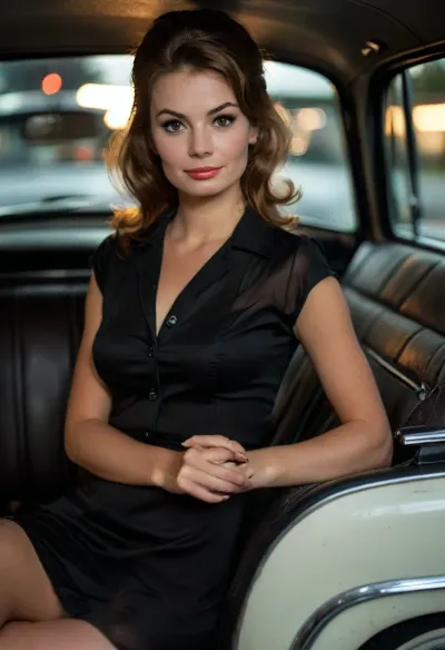 ((In the 1960s)), in the passenger seat of a car, from the driver’s POV, show a stunning busty brunette schoolteacher uniform sitting in the passenger seat and smiling back at the driver, slightly high angle, large expressive eyes, light makeup, lipstick, moist lips, hair in a tight French up-do, crisp white button-down shirt with several buttons open at the top, (cleavage), downblouse, tan lines, very short skirt, dark knee-high stockings, very realistic skin with wrinkles and pores and blemishes, perfect hands, hyper realistic, high-resolution, 8K, insanely detailed, perfect shadows, masterpiece, sexy, (1960s hair+1960s fashion+1960s makeup+1960s car), nighttime, <lora:style_lora_realis:.8>