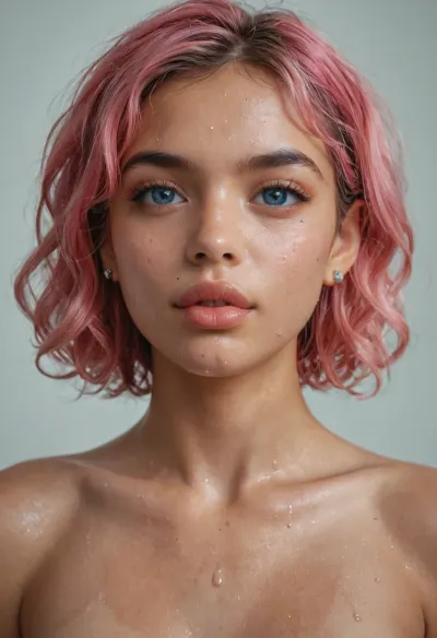 realistic woman, portrait, very real photoshoot, Latina skin, pink hair, short haircut, ebony, big lips, very sweet face, pearsing, front view, back view with face looking on me, sweet blue eyes, cute view realistic and detailed, skinny butt, small ass, fit, small waist, skinny body, 18 years old, small tits, small boobs, spanish girl, hispanic, butt, bdsm, fetish, kinky, kink girl, very skinny body, sweat, sweat body, sweet girl