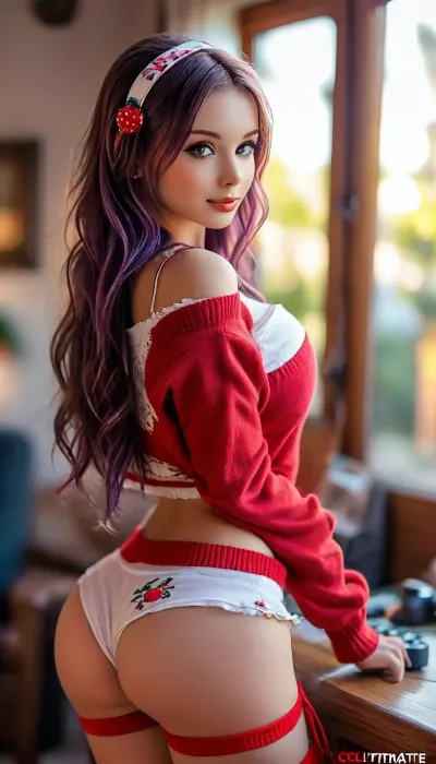 The ultimate realistic photo: a miside-inspired solo gaming session in bright sunlight - red-haired girl with big boobs and blue skirt lifts skirt to reveal print panties and thigh highs