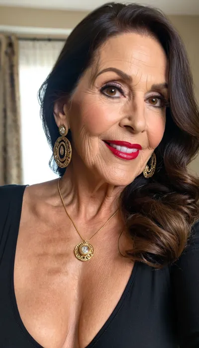 sexy granny mature, sexy 75 years old, dark brunette, long wave hair, chubby, tan skin, sexy naught smile orgasm sexy face, naught sexy face, huge eyes, very pointed nose, tall, selfie, glamour, make up, lipstick, huge hoop earrings, necklace, black with gold long sleeve lingerie, very long face, narrow jaw, extreme huge long face