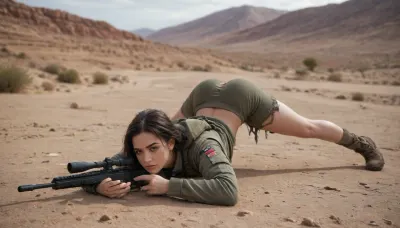 A female sniper in the desert prepares to fire a sniper rifle, She is on top of the dune, looking forward, scoping, eyesight on the target in front of her, lying on stomach, ((detailed face)), (perfect eyes), full body, (back view), Minimum clothes, ripped clothes, military clothes, military accessories, (Big sniper rifle), sniper rifle with bipod, legs spread wide, ass up, (strong fit body), only one rifle on the picture, jack-o, jack-o', (jack-o challenge)