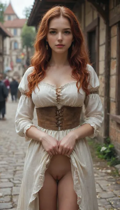 25 year old woman with long wavy red hair and beautiful face, wearing renaissance fair cosplay, big breasts, medieval fashion, medieval dress, skirt lifted, long hair, solo, male focus, red hair, no panties, pale skin, big tits, medieval market, medieval fair, fantasy, art, <lora:Fantasy_ArtXL:.8>, <lora:Medieval_Aesthetic_Style:.8>