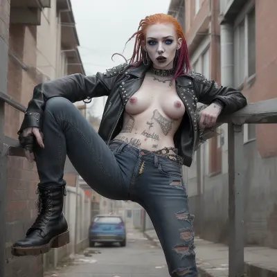 1girl, punk girl, 18 years old, young adult, pretty face, young face, slim skinny body, pale skin, freckles, gothic makeup, plaster on the bridge of the nose, blue eyes, face piercing, eyebrow piercing, lip piercing, ear tunnels, ginger dreadlocks, old worn leather biker jacket, with badges, with patches, with pins, spikes on shoulders, naked body, visible boobs, nipple piercing, torn jeans, grinder boots, jeans lowered, spreading anus, anus, sperm leaking, skateboard, back alley, standing, looking at viewer, front view, leather jacket opened, spreading anus with hands, showing stretched anus, sperm leaking from anus, high quality, clear details, photorealism