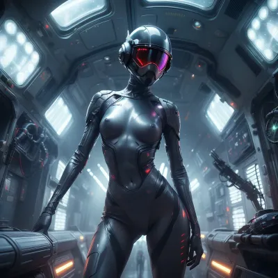 ((ultrarealistic 2020s SciFi movie frame, sexy 21yo unique beauty, naked, skinny, short hair, sexy legs, small breasts, wet pussy)), Movie scene, scifi ship, colorfull profesional lights, (space pilot helmet, holographic visor), so_monsters, infect, monster, girl, 1other, <lora:So_monsters:.5>