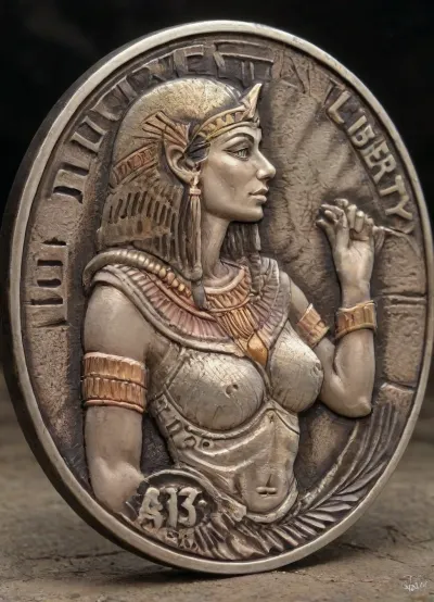 Cleopatra coin carving, cnl, cnl lighting, cnl texture, engraved word that says "ALLI36", details in details, realistic lighting, realistic shadows, photography, <lora:Cnl-XL-V1:1>