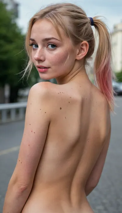 ((from behind)), ((back dimples)), ((looking over shoulder)), ((happy)), ((excited)), Uber realistic, perfect illumination, (best shadow), 8K, UHD, sharp image, (best illumination), best quality, ultra-detailed, fine detail, highres, 8k wallpaper, masterpiece, high definition, thin waist, (petite breasts:.5), (((skinny petite tiny:1.5))), ((euro Russian british girl of 18 years old:1.5)), bright blue eyes, blonde and pink hair, pigtails, (highly detailed face, (beautiful, freckles, blushing, nude)), flat_chest, tiny_micro_bikini