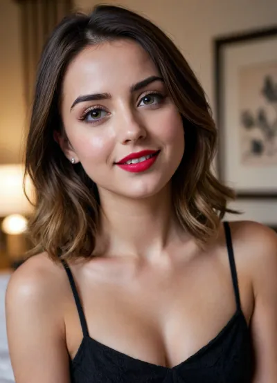 close-up portrait of Ana de Armas
18 year old, beautiful sexy, (skinny), (Brunette), posing in a short black dress, (very sexy horny), smile, bobcut, standing by her bed, lipstick, good hands, perfect fingers, red polish