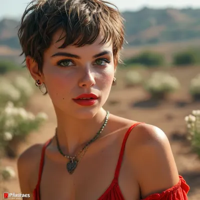 HD masterpiece, professional candid photo, score_9, score_8_up, maximum detail, volumetric lighting, summer sunset light, (one spanish woman, name Maria, 30 years old, model, very tall, long legs, toned body, large breasts, very wide hips, large round ass, narrow waist, small waist), beautiful face, red lipstick, (bright emerald eyes, almond-shaped eyes), short hair, (pixie cut:1.5), (heart shaped face, long pointy nose, large forehead, thin well-defined eyebrows, upturned nose, gently tapering jawline, round chin, piercing gaze, symmetric face), highly detailed skin texture, (wearing a red loose see-through sundress, bracers, jewelry, high spartan sandals), large cleavage, walking in spanish countryside, sweat body, windy, (ultra detailed image, high resolution, high level of detail), (close-up, focus on face, side view), 35mm, <lora:MJ52:.8>