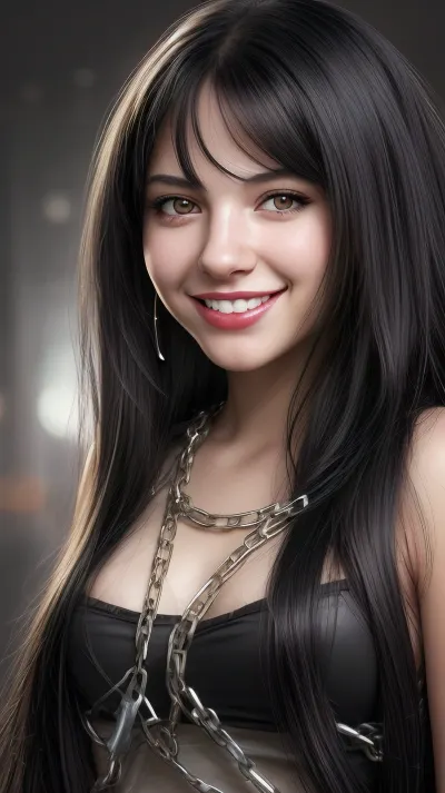 1girl, portrait, black hair, long hair, grin, black eyes, lips, looking at viewer, solo, chain, realistic, blurry, photorealistic, simple background, smile, nose, teeth