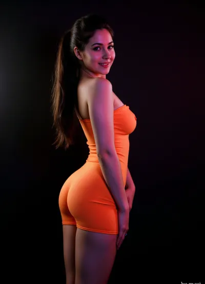 This striking image, (combining playful pin-up and, (accurate retro comic), styles), creates a stylized portrait of a 40-year-old woman with long black hair bathed in bright neon hues, combining elements of elegance with a comic aesthetic. The woman faces the viewer in a three-quarter stance, her feminine figure accentuated by a tight-fitting dress that glows a vibrant orange color that contrasts sharply with the cold gray hue of her skin. The dress drapes smoothly along her slender body, catching the light in a way that, (emphasizes its texture and folds with careful shading), and the flowing features of her silhouette, . The lighting is very dim and dramatic, with, (intense highlights and, (shadows), creating a sense of depth and intrigue), . Her hair is styled in a loose ponytail, tendrils gently framing her face and catching the bright light, creating an almost halo-like effect around her head. A neon glow of orange light envelops her figure, casting subtle highlights that seem to flow seamlessly into the deep black background, making her appear both ethereal and earthy at the same time. The contrast between the warm orange glow and the coolness of the gray gives the work a two-tone cinematic quality reminiscent of comic book style. Her facial expression is serene and smiling, her head is slightly tilted and her hand rests on her hip, adding a note of charm and sophistication
