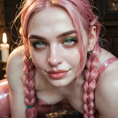 Score_9, european woman, (face closeup:1), chubby, cute face, long messy hair, bangs, braids, perfect small breasts, pale pink hair, (pale skin:1.5), transparent pink latex dress, (white eyes:1.11), (puffy areola:1.33), pussy, seductive smirk, narrow lips, green makeup, candle light, (under side view:1), squatting, <lora:aka-000002:2>, <lora:EnvyZoomSliderXL01:1.7>, <lora:765092_training_data:2> Score_9, european woman, (face closeup:1), chubby, cute face, long messy hair, bangs, braids, perfect small breasts, pale pink hair, (pale skin:1.5), transparent pink latex dress, (white eyes:1.11), (puffy areola:1.33), pussy, seductive smirk, narrow lips, green makeup, candle light, (under side view:1), squatting, <lora:aka-000002:2>, <lora:EnvyZoomSliderXL01:1.7>, <lora:765092_training_data:2>