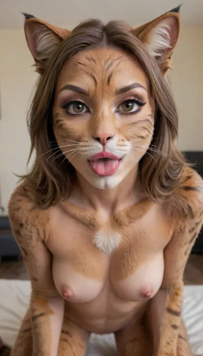 A beautiful 35 year old woman giving a blowjob dressed up in a very realistic looking skin tight brown furry calico cat costume with fur and whiskers Face paint, (furry skin), (small saggy tits), Full body view, feline_hybrid, furry, bl0j0, girl, blowjob, pov, penis, <lora:Realistic_Feline_Hybrids:.5>, <lora:bl0j0:.5>