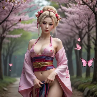 a slim 20-year-old woman with a japanese fan in the hand, a rope around her neck, a rope around her breasts, (a small top), she is in a cherry blossom forest, cyberpunk art, cgsociety 9, female cyberpunk anime girl, oppai cyberpunk, cyberpunk beautiful girl, cyberpunk anime girl, beautiful cyberpunk samurai, cyberpunk geisha, (very small breasts), she has a beautiful elaborate hairstyle, long blonde hair with pink highlights, (geisha style geisha outfit, geisha look, geisha costume), she is wearing a beautiful large female samurai hat, colorful, (butterflies in the air), (butterflies are sitting on her body), full body view, ((beautiful face))