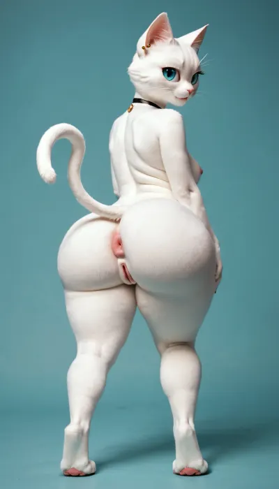 ((anthro white cat, female anthro white cat:1)), solo, huge ass, sexy cat girl, (tall:1.6), thin body, huge hips, thick fur, long cat tail, looking back over shoulder at viewer, (showing cute little kitty paws), cute puffy asshole, standing with one leg up, <lora:early621-000002:.9>, <lora:aniv3de:.5>, <lora:Fur:.8>