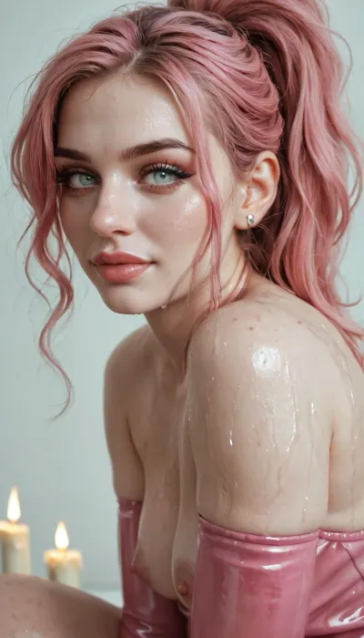 Score_9, european woman, (face closeup:1.13), chubby, cute face, ponytail, messy wet hair, perfect small breasts, pale pink hair, (pale skin:1.5), transparent pink latex dress, (white eyes:1), (puffy areola:1.33), seductive smirk, narrow lips, green makeup, candle light, (under view:1.3), (side view:1.25), squatting, <lora:aka-000002:.7>, <lora:EnvyZoomSliderXL01:2>, <lora:765092_training_data:1>