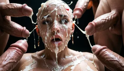 (Cum details), realistic cum, Prominent cum, (white cum:1.7), cum on, (Cum flows:1.2), (cum on body:1.3), cum on head, (cum on face:1.3), bukkake, ((body covered with semen)), white curvy woman, (massive breasts:1.2), (milf:.7), naked, no lipstick, bald, mouth closed, (((eyes wide open))), black room, black background, 3+ men, surrounded by dicks, cum, on, face, Face covered in cum, cum dripping from penis, (A lot of cum:1.5), shocked, nonplussed, ImgFixerPre0.3, <lora:JustCum:.7>, <lora:cum_in_eye_deepmind:.8>, <lora:shocked:.1> (Cum details), realistic cum, Prominent cum, (white cum:1.7), cum on, (Cum flows:1.2), (cum on body:1.3), cum on head, (cum on face:1.3), bukkake, ((body covered with semen)), white curvy woman, (massive breasts:1.2), (milf:.7), naked, no lipstick, bald, mouth closed, (((eyes wide open))), black room, black background, 3+ men, surrounded by dicks, cum, on, face, Face covered in cum, cum dripping from penis, (A lot of cum:1.5), shocked, nonplussed, ImgFixerPre0.3, <lora:JustCum:.7>, <lora:cum_in_eye_deepmind:.8>, <lora:shocked:.1>