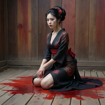 a painting of a woman in a colorful black dress kneeling on the ground in front of a old wooden wall full of blood, she is full of blood splatters, ((She looks at the ground)), fantasy art, cyberpunk art, by Tang Di, takato yamamoto aesthetic, by tom bagshaw, ancient chinese goddess, style of tom bagshaw, cyberpunk geisha, ((looks like an very old painting))