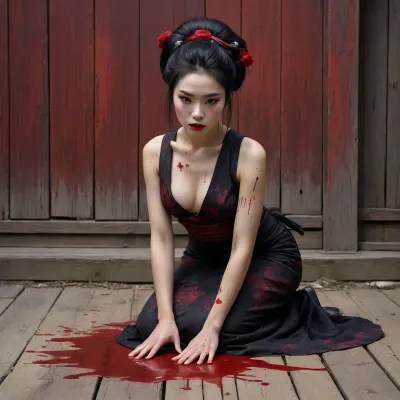 a painting of a woman in a colorful black dress kneeling on the ground in front of a old wooden wall full of blood, she is full of blood splatters, ((She looks at the ground)), fantasy art, cyberpunk art, by Tang Di, takato yamamoto aesthetic, by tom bagshaw, ancient chinese goddess, style of tom bagshaw, cyberpunk geisha, ((looks like an very old painting))