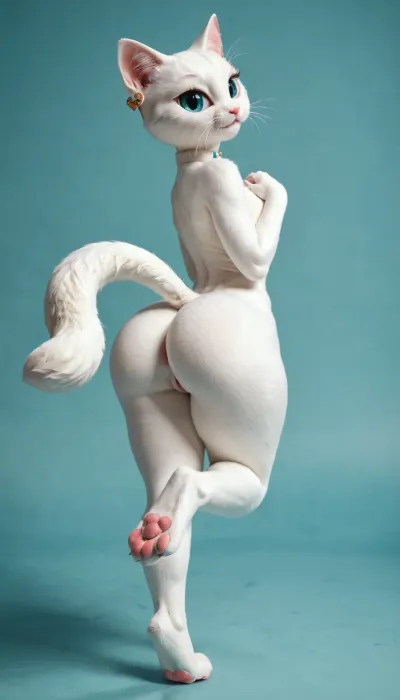 ((anthro white cat, female anthro white cat:1)), solo, huge ass, sexy cat girl, (tall:1.6), thin body, huge hips, thick fur, long cat tail, looking back over shoulder at viewer, (showing cute little kitty paws), cute puffy asshole, standing with one leg up, <lora:early621-000002:.9>, <lora:aniv3de:.5>, <lora:Fur:.8>