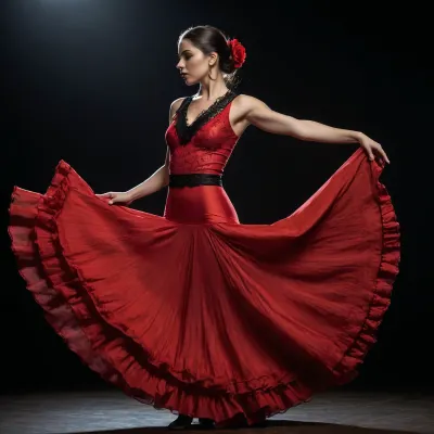 a young flamenco dancing woman in a transparent red flamenco dress with a black scarf in a flamenco dancing pose, black background and a spotligth on she, arabesque, figurative art, inspired by Francisco de Burgos Mantilla, realistic spanish woman painting, slim latin woman dancing, spain, beautiful art uhd 4 k