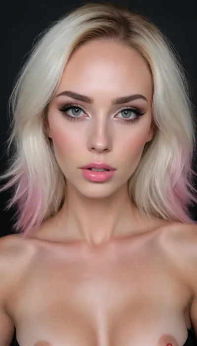 great masterpiece, highes possible quality, maximal possible resolution, 4k, (the highest possible natural:1.99), perfect rendering of requested parameters of the picture, (wild sexy erotic model:1.3), (maximal sexy face:1.9), 36 y.o., (symmetrical face:1.9), (fully closed mouth:1.9), ultimate nude, (waist view:1.9), epic natural detailed skin on the nose, epic natural under-eye skin, (shading more darkness:1.9), epic natural pattern of lips, her perfect breasts is visible, shows her tits, slim body, eyes on the same line, epic realistic pattern of the lips, epic natural all patterns, epic natural skin of the body, maximum epic natural rendering to detail, epic natural texture of skin, (epic photorealistic white light:1.9), (epic photorealistic deep darker shadow:1.99), (tonused tits:1.9), (large silicone tits:1.99), (epic photorealistic sharp light:.01), gray eyes, (she is platinum blonde with pale-pink hair:1.5), (maximal sexy facial features:1.8), (straight form of upper lip:1.3), beautiful straight nose, (straight and wide upper lip:1.8), (accurate tip of the nose:1.6), (fully closed lips:1.3), the highest possible clarity, the greatest possible rendering of the smallest details, sexy slim tonus body, proportional face, pale skin, (the most beautiful girl in the world:1.999), focused on her chin, (background blur:1.5), (epic natural facial skin:1.9), (epic natural high quality detailed and symmetrical eye whites and irises and eyelids and eyelashes and lips and eyebrows and all facial proportions and nose and pupils:1.9), (epic natural and symmetrical nipples and cheek and cheekbones:1.9), (epic natural forehead and hairline and lipline and nipples skin and hair roots:1.9), epic natural reflections in her eyes, (epic photorealistic lighting in room:1.9), light source to her left, (absolutely dark room:1.9), (long pale pink hair:1.6), sexy evening makeup, (lean cheeks:1.3), fitness girl, (epic natural clear lip contour:1.99), (the shadow is too mach hard:1.9), (shadow are too mach deeper:1.9), lustful look, night room photography, (epic photorealistic sharp shadow:1.99), (epic photorealistic light reflection:.01), (solid black background:1.99), (epic natural nasolabial angle and nasofrontal angle and mandibular angles:1.9), (epic natural all skin irregularities on the face:1.9), fake tits, (epic natural realistic trabekules and pupils:1.9)