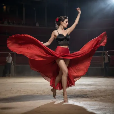 inspired by Francisco de Burgos Mantilla, (a young topless flamenco dancing woman in a transparent red flamenco skirt with a black scarf in a flamenco dancing pose and a bull runs toward her from the background), black background and a spotligth on she, arabesque, figurative art, realistic spanish woman painting, spain, beautiful art uhd 4 k, ((she is in a bullfighting arena))