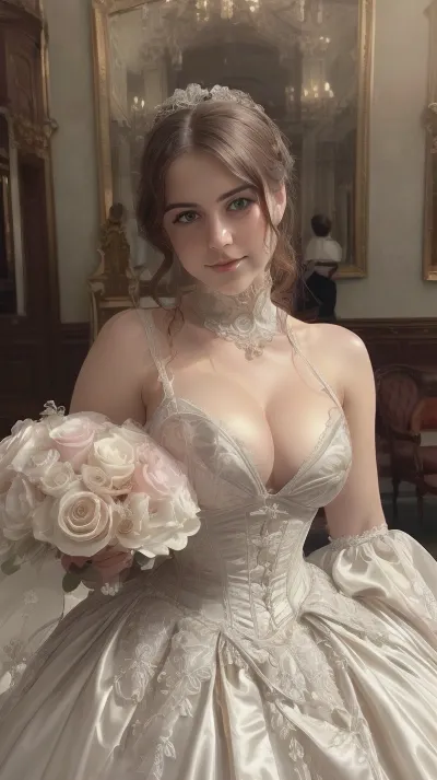 young debutante at Victorian ballroom shows off her chest in as deep cleavage as possible and even nipples are easily visible, Victorian evening dress, (naive innocent look:1.4), teasing smile, (18yo, real 18yo body, age-appropriate body, age-appropriate face:1.4), (revealing, tits, breasts, boobs, nipples, visible, in deep cleavage:1.4), (full-length view:1.4), (authentic Victorian interior, realistic Victorian entourage, maximum realistic photo shot), (heavy shadows, dramatic light), (actual sizes and proportions of objects), (highly detailed background, photorealistic background:1.4), (highly detailed hair, highly detailed face, highly detailed skin, highly detailed eyes), (realistic hair, realistic face, realistic anatomy, realistic pose), (photographic quality, high quality glossy magazine photography, glamorous-photo)