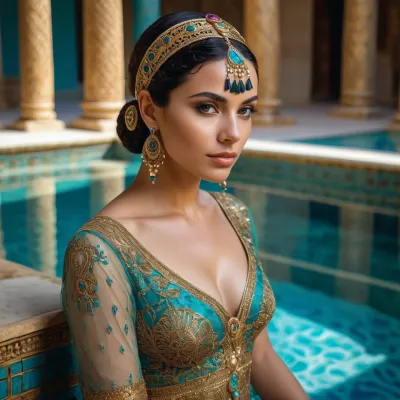 Portrait of cleopatra in her agyptian palace, pool, lace filigree of bright, rich color. Super clear, glaze technique, plus colored alcohol ink