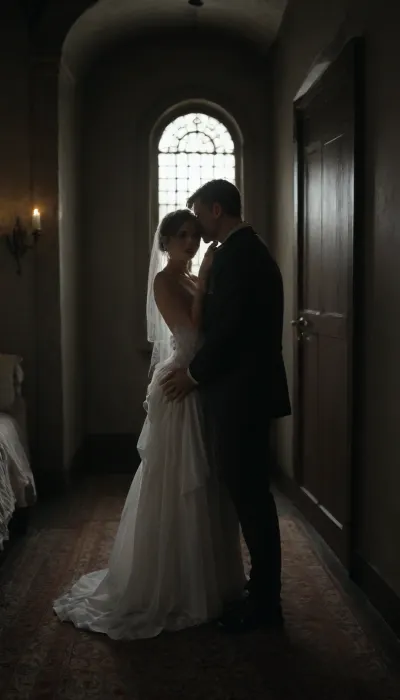 A romantic bedroom scene viewed from the POV of an giant black man with large black penis standing in the doorway, a bride in a beautiful white slutty wedding dress sitting on a luxurious bed, a white cuckold groom in a suit gently hugging her from behind, both looking at each other lovingly, soft candlelight and moonlight glowing in the room, rose petals scattered around, dreamy and intimate atmosphere, fantasy style, highly detailed, cinematic lighting, AH_Tadema, <lora:dark:.5>, <lora:287743_training_data:1>