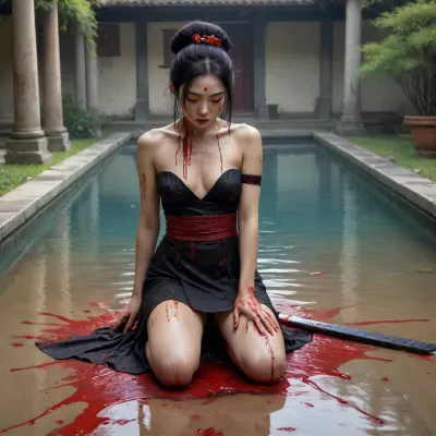 a painting of a young topless woman in a colorful black dress, kneeling on the ground in a pool of blood and covered in blood, looking down at the ground and holding a samurai sword, fantasy art, cyberpunk art, by Tang Di, takato yamamoto aesthetic, by tom bagshaw, ancient chinese goddess, style of tom bagshaw, cyberpunk geisha, UHD, 4K, (The image looks like a very old, worn painting)