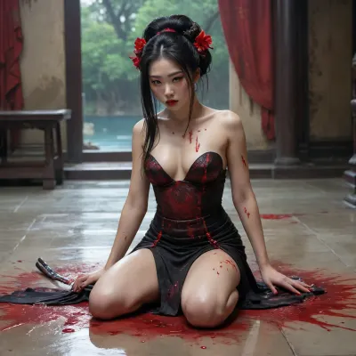 a very old worn of a young topless woman in a colorful black dress, kneeling on the bed in a pool of blood and covered in blood, looking down at the ground and holding a samurai sword, fantasy art, cyberpunk art, by Tang Di, takato yamamoto aesthetic, by tom bagshaw, ancient chinese goddess, style of tom bagshaw, cyberpunk geisha, UHD, 4K