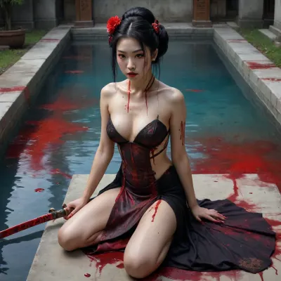 a very old worn painting of a young topless woman in a colorful black dress, kneeling on the bed in a pool of blood and covered in blood, looking down at the ground and holding a samurai sword, fantasy art, cyberpunk art, by Tang Di, takato yamamoto aesthetic, by tom bagshaw, ancient chinese goddess, style of tom bagshaw, cyberpunk geisha, UHD, 4K