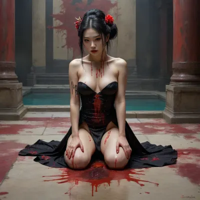 a very old worn painting of a young topless woman in a colorful black dress, kneeling on the bed in a pool of blood and covered in blood, looking down at the ground and holding a samurai sword, fantasy art, cyberpunk art, by Tang Di, takato yamamoto aesthetic, by tom bagshaw, ancient chinese goddess, style of tom bagshaw, cyberpunk geisha, UHD, 4K