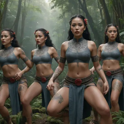 A group of beautiful young Maori women in traditional clothing and Maori tattoos dance a Maori haka in the jungle, fantasy art, cyberpunk art, by Tang Di, takato yamamoto aesthetic, by tom bagshaw, ancient chinese goddess, style of tom bagshaw, cyberpunk geisha, UHD, 4K