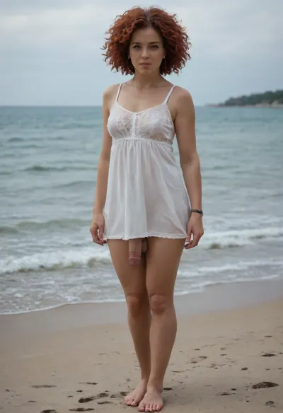 Standing.posing.A very handsome, thick, short, wiry, hairy, with protruding veins, penis. saggy, hairy balls, cum shoot, full body photoshoot, beach, Short white sundress