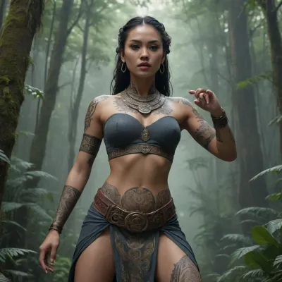A beautiful young Maori women in traditional clothing and Maori tattoos dance a Maori haka in the jungle, fantasy art, cyberpunk art, by Tang Di, takato yamamoto aesthetic, by tom bagshaw, ancient chinese goddess, style of tom bagshaw, cyberpunk geisha, UHD, 4K, perfect fingers