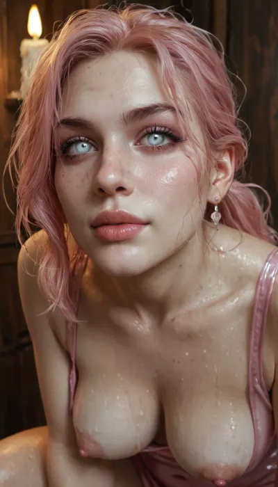Score_9, european woman, (face closeup:1.13), chubby, cute face, ponytail, messy wet hair, perfect medium breasts, pale pink hair, (pale skin:1.5), transparent pink latex dress, (white eyes:1.3), (dimples:1.5), (puffy areola:1.33), seductive smirk, narrow lips, green makeup, candle light, (under view:1.3), (side view:.4), squatting, <lora:aka-000002:.7>, <lora:EnvyZoomSliderXL01:1>, <lora:765092_training_data:1>, <lora:detailed_notrigger:.8> Score_9, european woman, (face closeup:1.13), chubby, cute face, ponytail, messy wet hair, perfect medium breasts, pale pink hair, (pale skin:1.5), transparent pink latex dress, (white eyes:1.3), (dimples:1.5), (puffy areola:1.33), seductive smirk, narrow lips, green makeup, candle light, (under view:1.3), (side view:.4), squatting, <lora:aka-000002:.7>, <lora:EnvyZoomSliderXL01:1>, <lora:765092_training_data:1>, <lora:detailed_notrigger:.8>