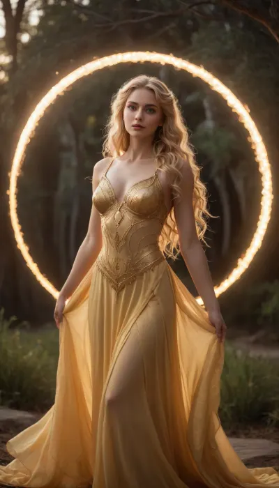 A serene goddess of sun mystique, her golden tresses cascading down her back like a river of sunlight, her ethereal eyes aglow with an otherworldly radiance, and her elegant attire adorned with delicate crescent moon motifs that shimmer and dance in the soft, golden glow of the night.
