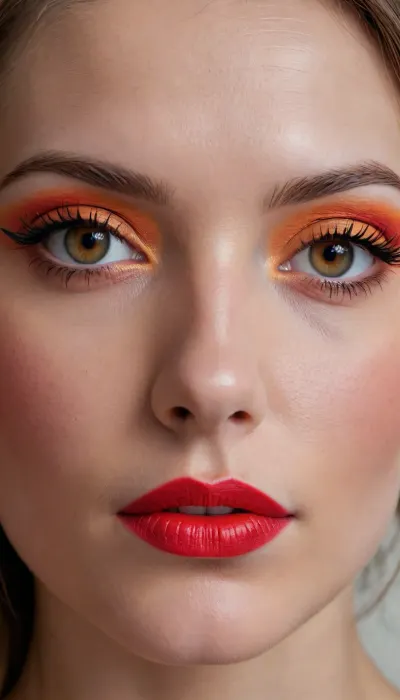 a drawing of a woman's face with a red eyeshadow, in the style of bold colorful lines, dark beige and orange, made of wire, flawless line work, captivating portraits, raw and edgy