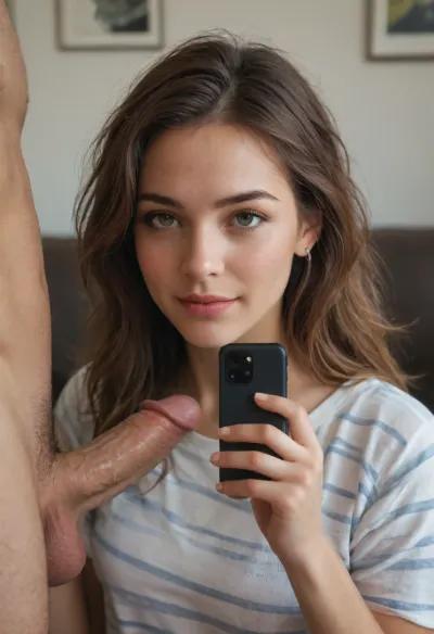 score_9, score_8_up, score_7_up, score_6_up, 1girl, very big penis, hetero, 1boy, phone, cellphone, striped_shirt, striped, uncensored, long_hair, smartphone, realistic, testicles, smiling into camera, posing with the big cock, shirt, solo_focus, holding_phone, erection, nude, clothed_female_nude_male, brown_hair, holding
