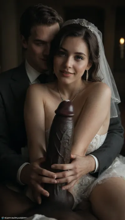 interracial, pov of black penis ., (((1white cuckold husband in suit is behind the bride hugging the bride))), very large black penis, The happy chubby Persian bride in sexy wedding dress, cum driping bride's chain' cum driping from black penis, drinking sperm from transparent glass cup, there is glossy and sticky sperm in cup, cup full of sperm, cum swallowing, ((gokkun)), cum dripping from the corners of her lips, The woman holds the cup under the black cock., <lora:671410_training_data:.8>, <lora:dark:.5>, happy, <lora:happy_v2:.8>, romantic_couple_poses, <lora:1365620_training_data:.8>