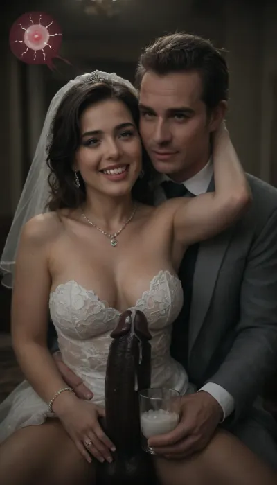 interracial, (pov of black penis), ((1white cuckold husband in suit is behind the bride hugging the bride)), very large black penis, The happy chubby Persian bride in sexy wedding dress, cum driping bride's chain' cum driping from black penis, (((sperm in from transparent glass cup, there is glossy and sticky sperm in cup))), cup full of sperm, cum swallowing, cum dripping from the corners of her lips, The woman holds the cup under the black cock., happy, romantic_couple_poses, <lora:671410_training_data:.8>, <lora:dark:.5>, <lora:happy_v2:.8>, <lora:1365620_training_data:.8>