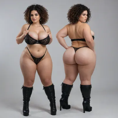 Ghetto Ebony BBW busty slutty BIMBO. Knee high boots. Full body image. Showing a lot of cleavage. Big juicy ass. Mean Attitude. J cup breasts. Thick thighs. Slutty. Playful attitude. Ghetto hair, large breasts, big boobs. fat ass, huge tits outfit. Revealing outfit, plump, skindentation, chubby, bbw, venus, body, big, breasts, ass, rating, explicit submissive, big_eyes, <lora:bombshell_v2:.5>, <lora:Chubby BBW - XL:.5>