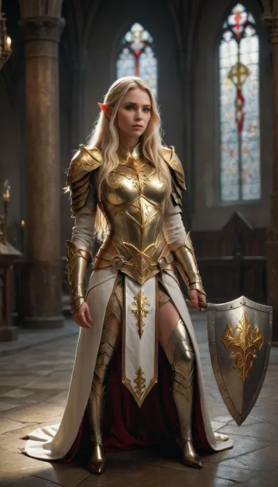 A beautiful elf cleric, tall and slender, sexy, wearing white metal armor, in the center of the armor's breastplate a golden holy symbol, very long blond hair, shoes with very high heels, is praying in a medieval church, ((next to her on the ground a war club and a shield)), mstltmrc, <lora:mstltmrc:.8>