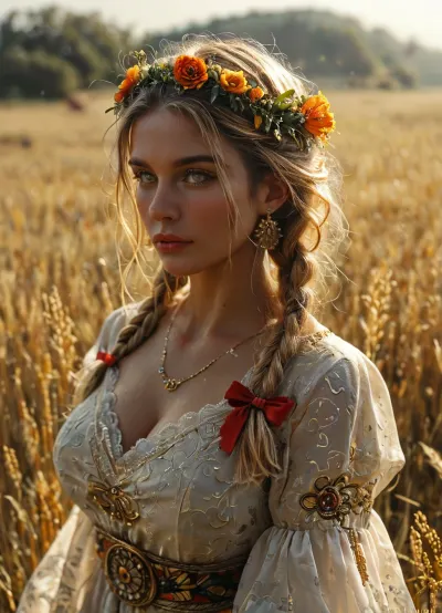 A traditional Slavic dress with intricate embroidery in red, white, and gold patterns. The outfit includes a long, flowing skirt, a richly decorated blouse with wide sleeves, and a woven belt with geometric designs. The dress is adorned with fine details, such as lace and beadwork. She is wearing a flower crown made of wildflowers and ribbons flowing down her back. The style reflects ancient Slavic culture, with natural materials and bright, vibrant colors, 1girl, 1man, Slavic, blonde, lush hair, curvy braids, beatiful face, blush on the face, braight gray eyes, white tradithional slavic shirt, (in an endless field of wheat), sunlight, detailed background, kinemographic environment, high resolution, (erotic:.5), <lora:MJ52:1>