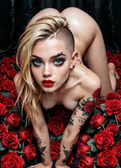 score_9, score_8_up, score_8, score_7_up, score_7, 1girl, full body view, small, cute female, detailed eyes, dark eyebrow, cute face, freckles, ear piercing, petite naked body, short, small face, cute, easynegative, slender, score_/_up, score_6_up, (She has undercut, one side shaved hairstyle long blonde hair), (big blue eyes), (medium perky breasts), super slim body, ((roses and skulls tattoos covered her body totally)), (nose, ears, eyebrow piercing), (red lipstick), (strong smudged black mascara), goth girl, innocent, shy, skinny girl, 18yo, long hair, lowleg, skindentation, exposed bellybutton, thin waist, slim legs, slim ass, slutty face, extasy orgasming face, (bent over picking up a slice_of_cherry_pie from the ground, bent over at the waist, face upside down between legs)